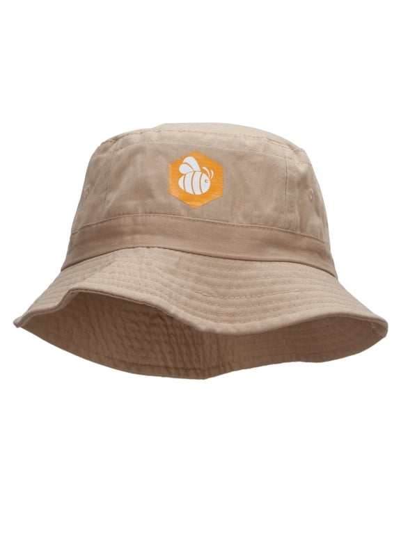 Hexagon Flying Bee Heat Transfer Bucket Hat - Khaki OSFM