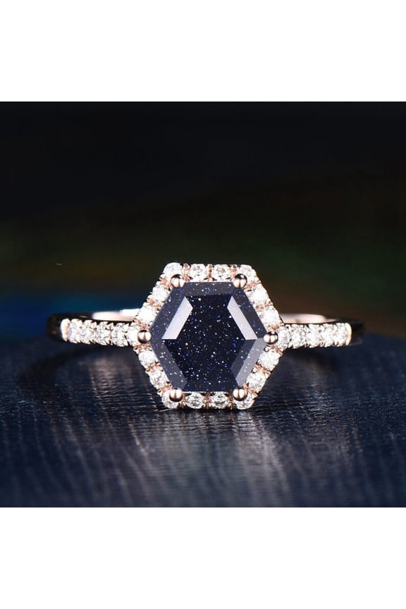 Hexagon Galaxy Blue Sandstone Engagement Ring&nbsp;in 14K Rose Gold Vermeil Diamond Wedding Band For Women