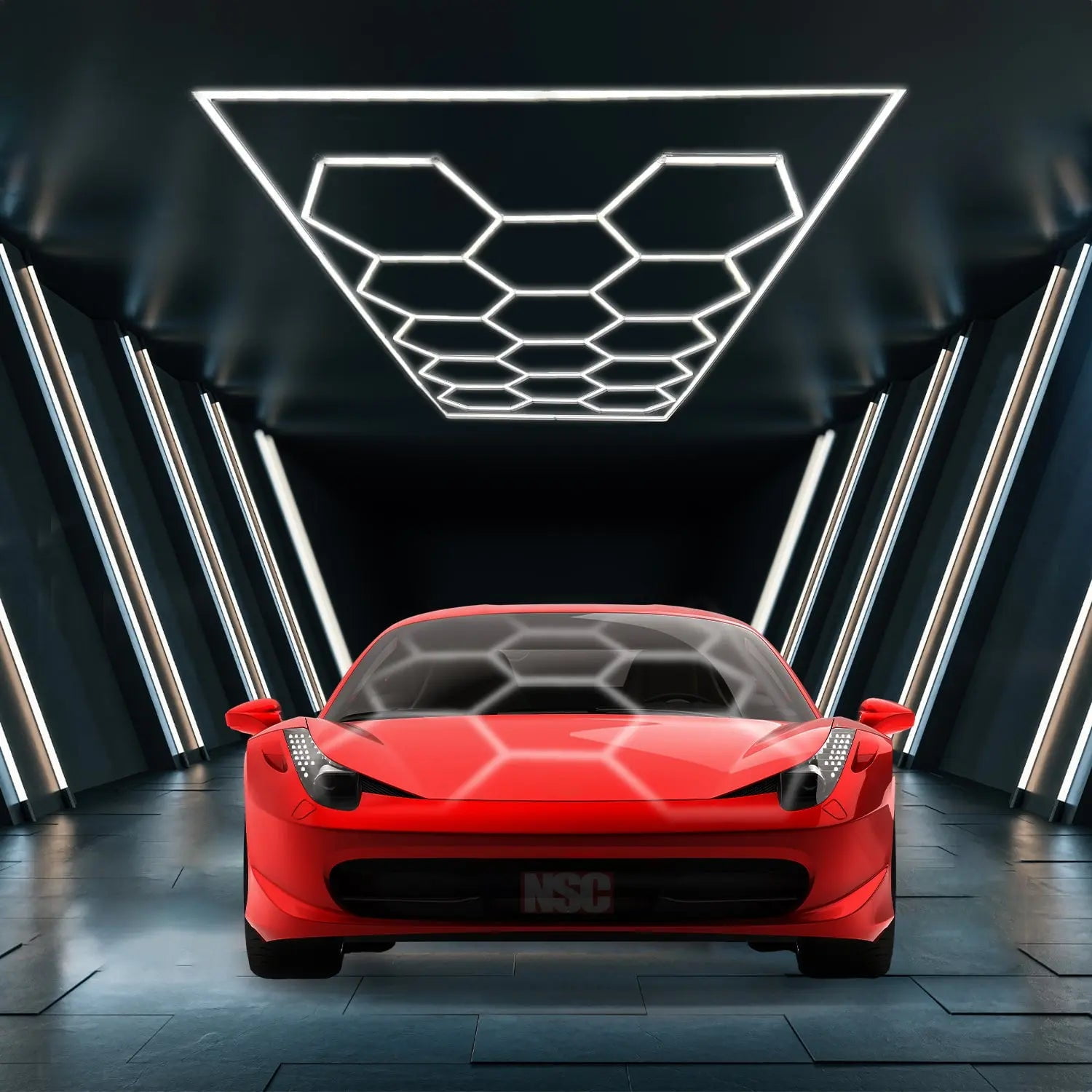 Hexagon Garage LED Light, 14 Grid Honeycomb System with Outer Rectangle Frame 96 INCH x 190 INCH