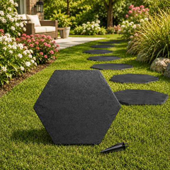 Hexagon Garden Stepping Stone,Imitation Stone Walkway Slab with Natural Texture, Lightweight Durable Outdoor Pathway Tiles Beige 17.63x8.85in Black