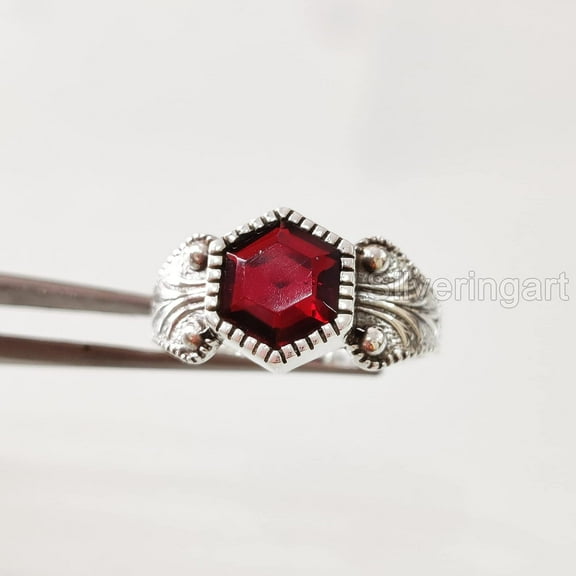 Hexagon Garnet Ring, 925 Sterling Silver Oxidized, Women Ring, Natural Garnet, January Birthstone, Christmas, Thanksgiving, Tiny Dainty Ring, Handmade, Statement Jewelry, Wedding, Anniversary Gift