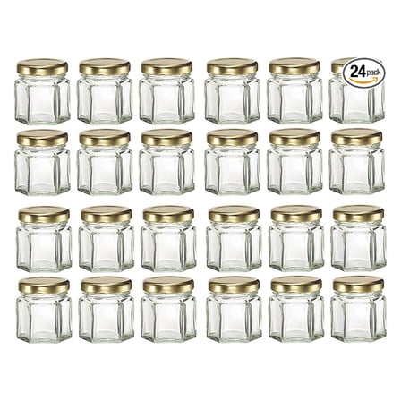 Hexagon Glass Jars 1.5oz (45ml) - 24 Pack with Lids - Small Glass Jars for Jam, Honey, Spices, Cosmetics, Wedding Favors - BPA Free, Leakproof