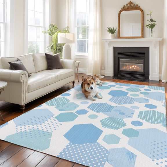 Hexagon Honeycomb Area Rug, Abstract Modern Minimalist Blue White Geometric Non-Slip Felt Rubber Backing Rectangle Indoor Carpet Washable Rugs for Living Room Bedroom 6x9ft