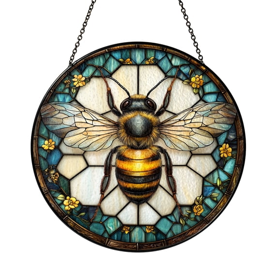 Hexagon Honeycomb Pattern with Bee Stained Glass Window Hanging
