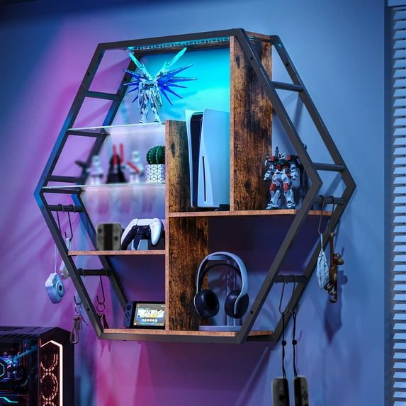 Gaming Room LED Floating Shelves, Hexagon Wall Shelf with Customizable RGB Lights, Multi-Layer Display Storage, Sturdy Assembly, Rustic Brown