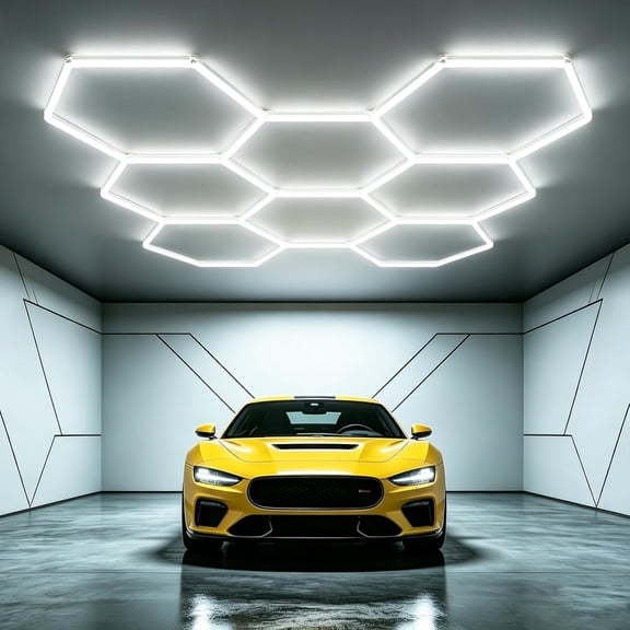 Hexagon LED Garage Light, 6500K Super Bright Ceiling Light, Easy Install DIY Hex Lights for Workshop Basement Barbershop Gym Detailing Shop (8 Grids)