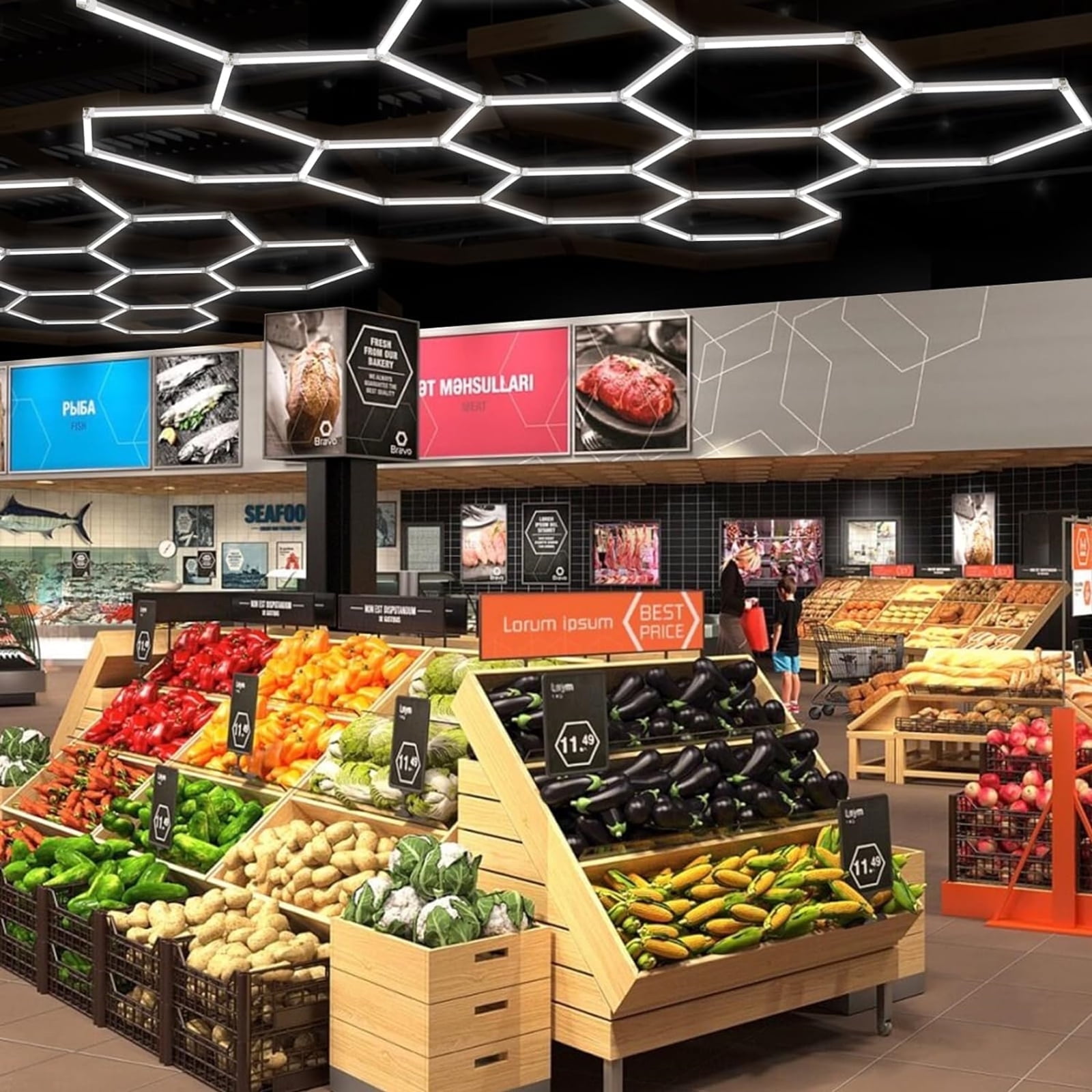 Hexagon LED Garage Light, 720W 14 Grid Systems Led Shop Lights 86400LM 6500K Super Bright Honeycomb Lights for Basement/Warehouse/Garage/Workshop/Car Detailing Shop