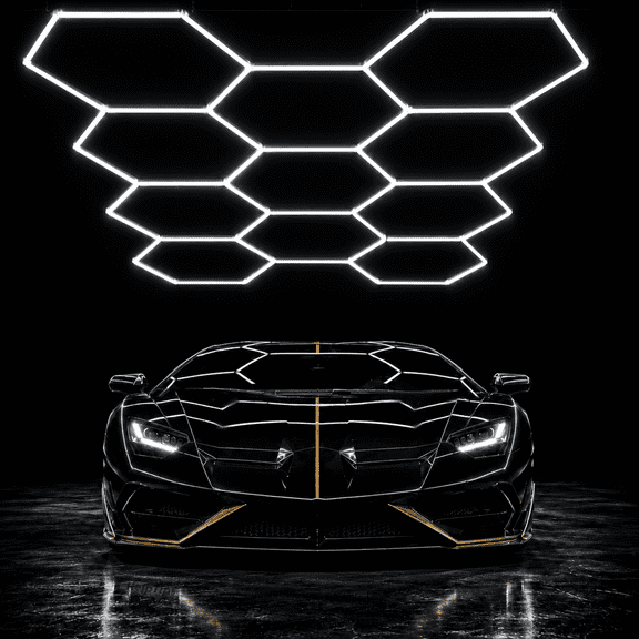 Hexagon LED Garage Lights 11 Grid Honeycomb Ceiling Light Fixture for Shop Car Detailing Gym Barber Wall Switch Control