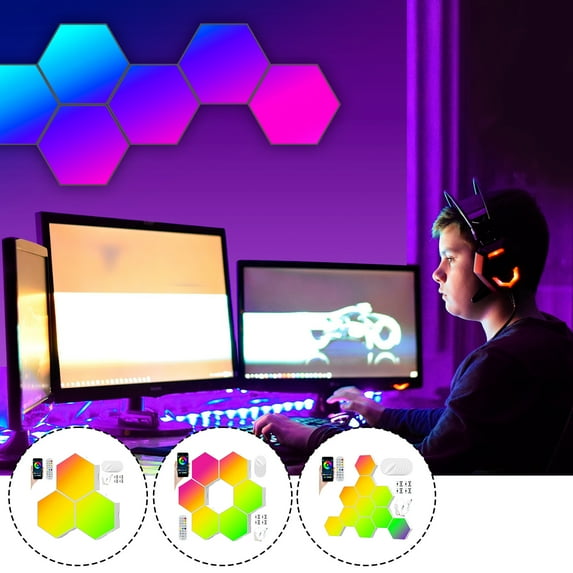Hexagon LED Wall Lights - 3 Pack Gaming Lights, Smart Modular RGB-IC Honeycomb Light with APP Remote Control and Music Sync Gaming Setup Lighting Bars DIY Geometry Module for Game Room Bedroom Decor