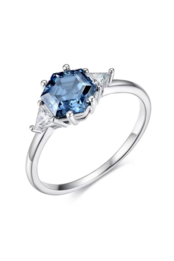 Hexagon Lab Created 7.0mm London Blue Topaz with Triangle Lab Created Diamond Ring for Women – 925 Sterling Silver, A Bold and Elegant Statement
