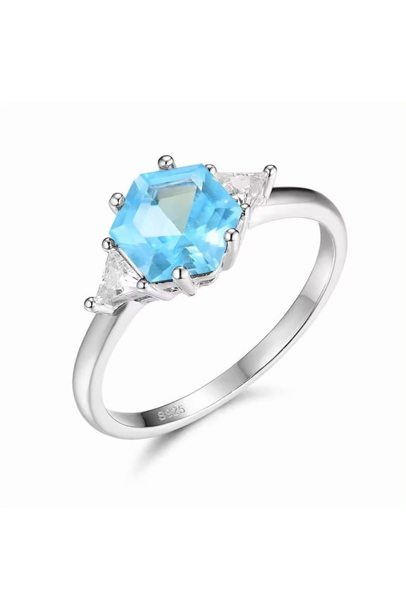 Hexagon Lab Created Blue Topaz with Triangle Lab Created Diamond Ring for Women 925 Sterling Silver Engagement Ring For Women Three Gemstone Statement Ring