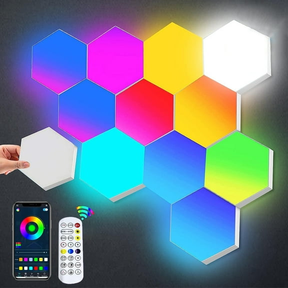 Hexagon Light Panels 12 Pack RGB LED Hexagon Wall Lights with APP & Remote Control Music Sync Lights for Living Room, Bedroom, Gaming Rooms Decor