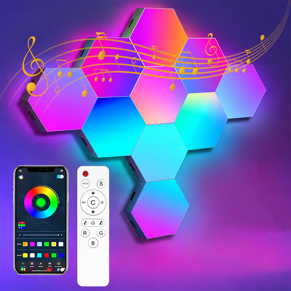 Hexagon Lights Panels, 10 Pack RGB Wall Light with Remote, Gaming Lights Honeycomb Design & APP Controlled & Music Sync, Expansion Shapes LED Panels for Christmas Lving Room Gaming Decor