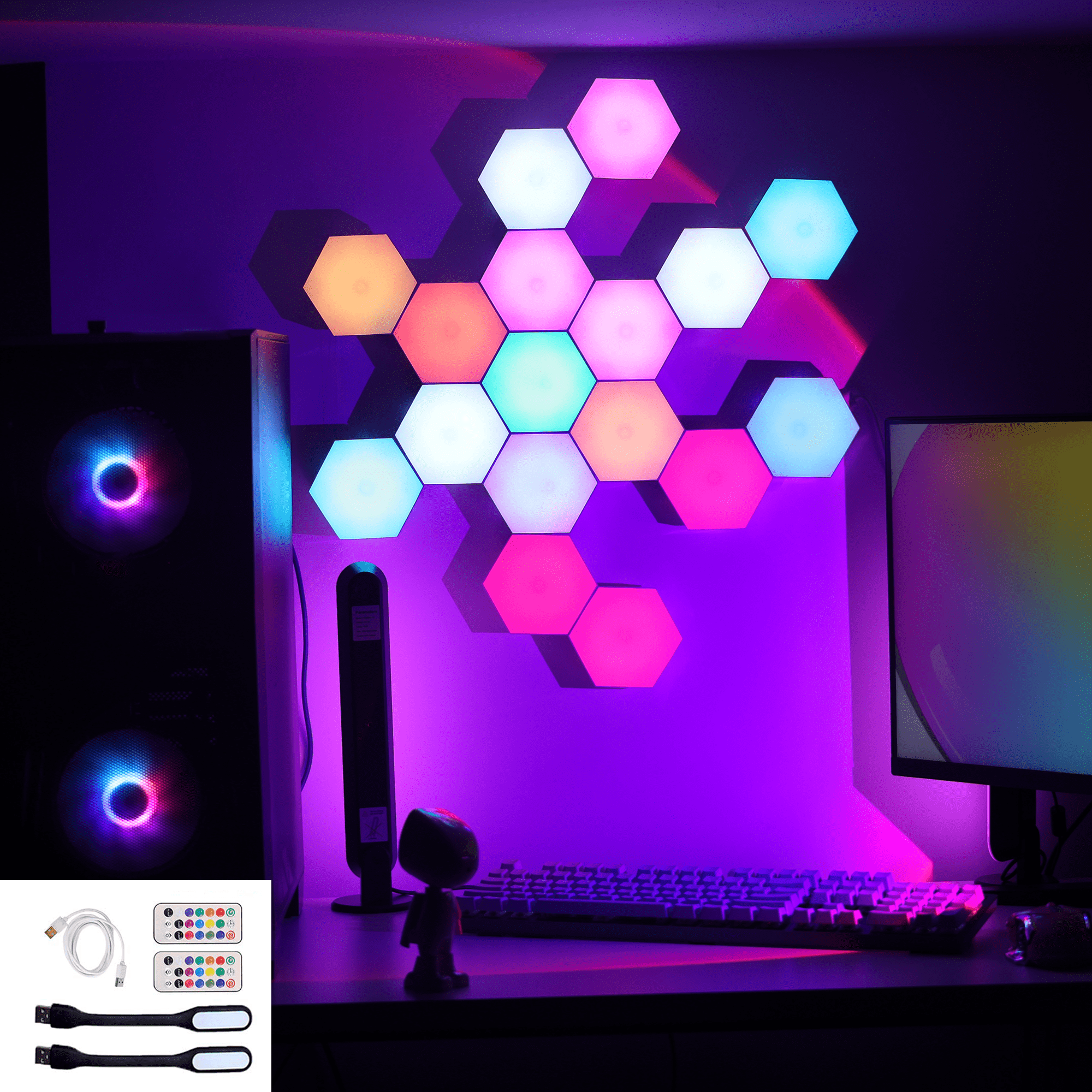 Luci Esagonali RGB con Telecomando,Pannelli LED Parete Gaming Pannello Muro  Controllo Touch Luce Notturna, Fai da te Geometria Splicing Esagonale Mood