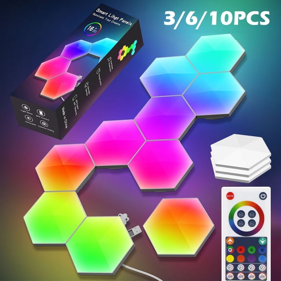 Hexagon Lights with Remote, RGB LED Wall Lights, Smart DIY App Control/ Music Sync for Game Room Decor, Party, 3 Pack