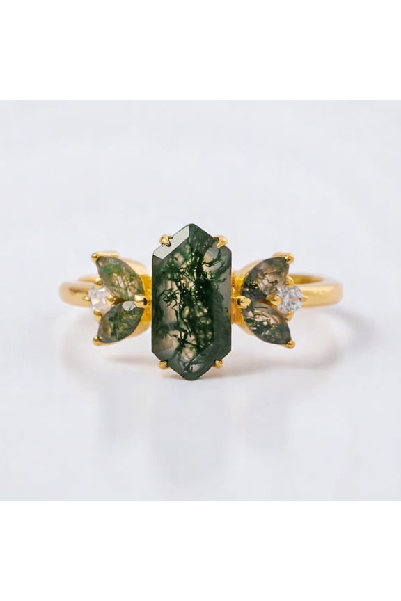 Hexagon & Marquise Moss Agate Ring, Diamond Birthstone Wedding Ring, Anniversary Gift For Women, Nature Inspired Ring, Leaf Design Ring, Floral Ring, Handmade Fine Jewelry.