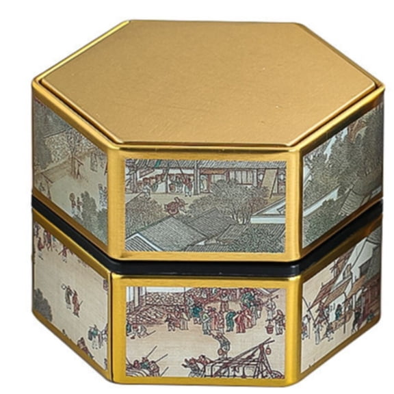 Hexagon Metal Tea Canister Small Sealed Storage Jar Portable Travel Tin Chinese Style Herb Spice Container
