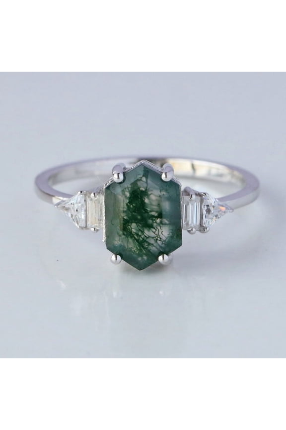 Hexagon Moss Agate Engagement Ring, Baguette & Triangle Diamond Stackable Ring, Handmad Jewelry, Nature Inspired Ring For Women