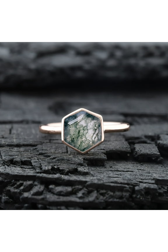 Hexagon Moss Agate Ring, Solitaire Bezel Set Vintage Natural Green Moss Agate Handmade Wedding Ring, Promise Statement Ring Birthday Gift
