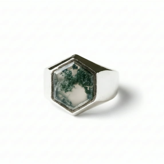 OLIVIASO Moss Agate Ring For Women - 925 Sterling Silver, Long Hexagon Cut, Size 5-9