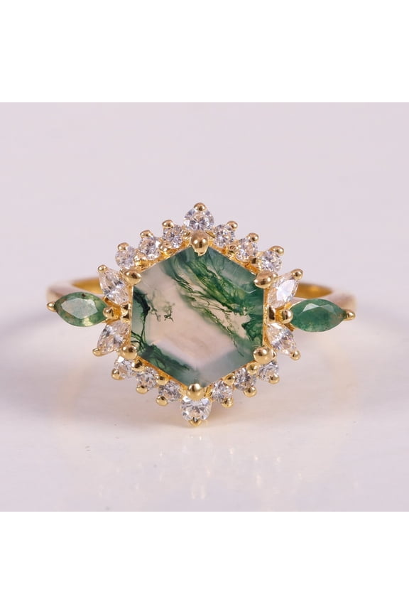 Hexagon Moss Agate Silver Engagement Ring, 925 Starling Silver Diamond Proposal Jewelry Halo Wedding Ring, Milgrain Band Ring, Anniversary & Bridal Band Ring.