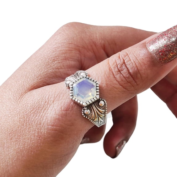 Hexagon Opal Ring, 925 Sterling Silver Oxidized, Women Ring, Hydro Opal, October Birthstone, Christmas, Thanksgiving, Tiny Dainty Ring, Handmade, Statement Jewelry, Anniversary