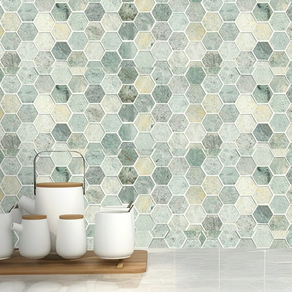 Hexagon Peel and Stick Backsplash Tiles Stickers Kitchen, 2Pcs 40x100cm Self-Adhesive Metal and Marble Honeycomb Peel and Stick Wall Tiles Sticker Mosaic