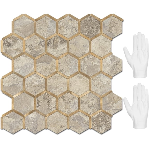 Hexagon Peel and  Backsplash Tile,   Backsplash for Kitchen and Bathroom, Stone Beige PVC Mixed   Self  Wall Tiles(10 Sheets, Seamless)