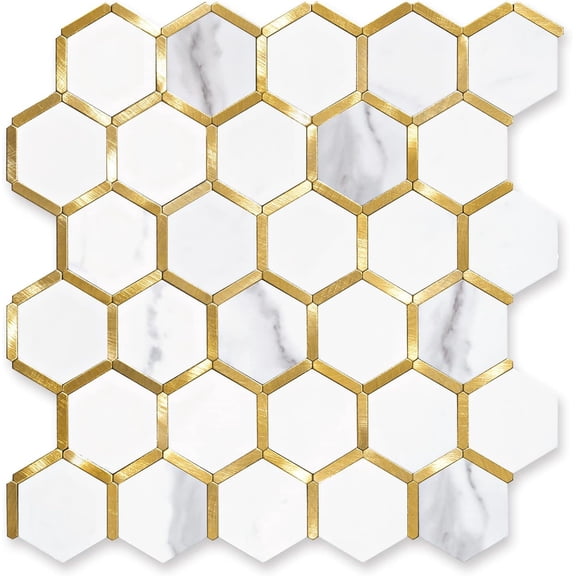 Hexagon Peel and  Backsplash Tile,   Backsplash for Kitchen and Bathroom, White Marble Look PVC Mixed   Self   Mosaic Tiles(Sample, Seamless)