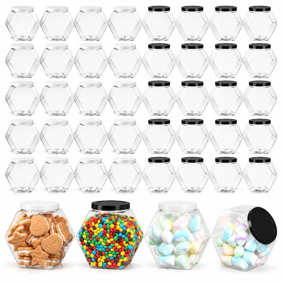 Hexagon Plastic Candy Jars with Lids, 28 oz Wide Mouth Storage Containers, 36 Pieces, Clear Plastic for Cookies, Snacks, and Crafts