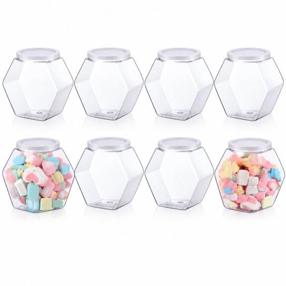 Hexagon Plastic Storage Jars with Airtight Lids, 8-Piece Set, 30 oz, Clear Containers for Cookies, Candy and Snacks