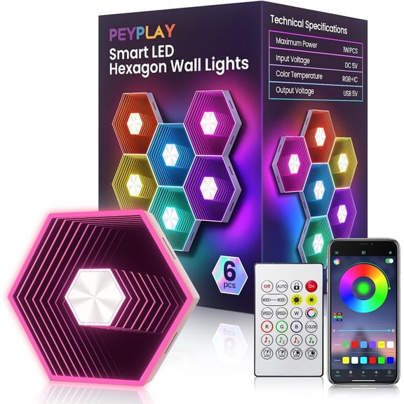 Hexagon Quantum Lights  Modular DIY Wall Panels, RGB+IC 16M Colors with Music Sync, APP & Remote Control, Immersive Lighting for Gaming Rooms, Home Decor, Parties and Gifts