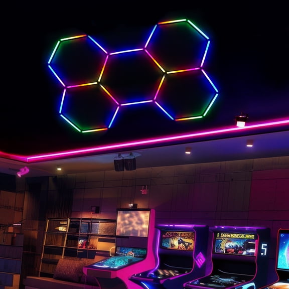 Hexagon RGB LED Garage Shop Light, 5-Grid DIY Honeycomb Ceiling Lights with Remote Control for Car Detailing, Gym, Gaming Room and Workshop