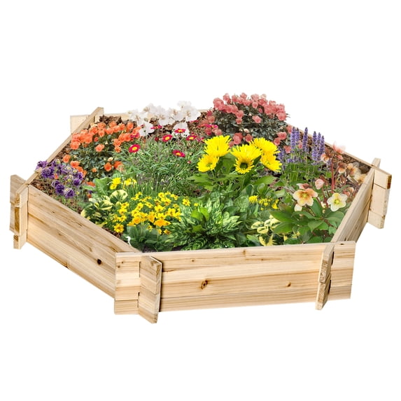 Hexagon Raised Garden Bed, Tool-Free Assembly Wooden Planter Box, Weather Resistant Fir Wood Open Bottom Bed for Flowers, Vegetables