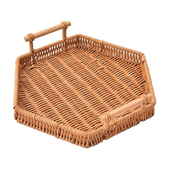 Hexagon Rattan Tray Large Handwoven Serving Tray with Handles for Coffee Table, Ottoman, Kitchen, Decorative Use Multicolor