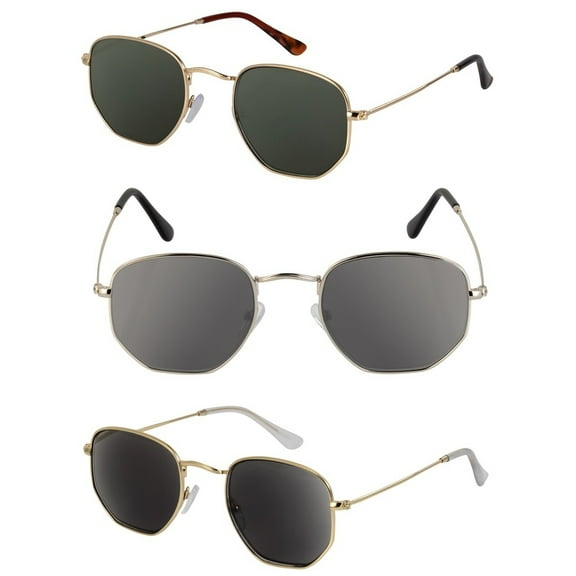 Hexagon Reading Sunglasses for Men & Women - Full Lens UV400 Outdoor Readers - Stylish Retro Frame Design (3 Pack) - All 3 Colors - 3.00