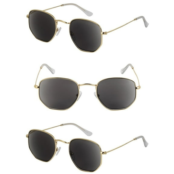 Hexagon Reading Sunglasses for Men & Women - Full Lens UV400 Outdoor Readers - Stylish Retro Frame Design (3 Pack) - Gold - 1.50