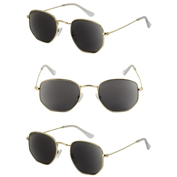 Hexagon Reading Sunglasses for Men & Women - Full Lens UV400 Outdoor Readers - Stylish Retro Frame Design (3 Pack) - Gold - 1.50
