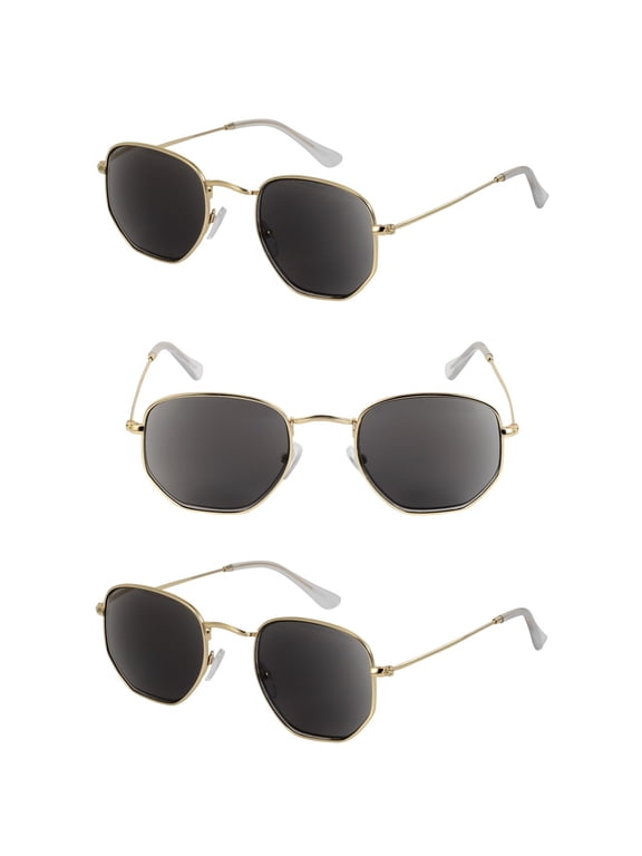 Hexagon Reading Sunglasses for Men & Women - Full Lens UV400 Outdoor Readers - Stylish Retro Frame Design (3 Pack) - Gold - 1.75