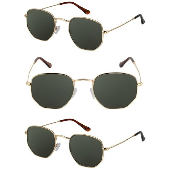 Hexagon Reading Sunglasses for Men & Women - Full Lens UV400 Outdoor Readers - Stylish Retro Frame Design (3 Pack) - Gold/Green Lens - 1.50