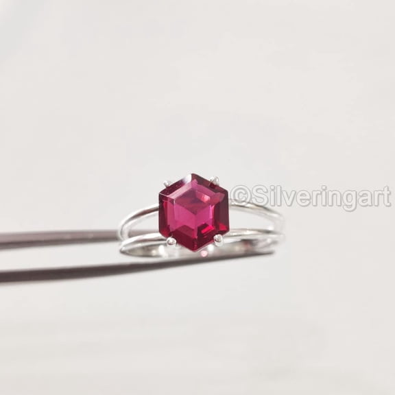 Hexagon Ruby Ring, 925 Sterling Silver Ring, Women Ring, Hydro Ruby Ring, July Birthstone, Christmas, Thanksgiving, Tiny Dainty Ring, Handmade, Statement Jewelry, Anniversary