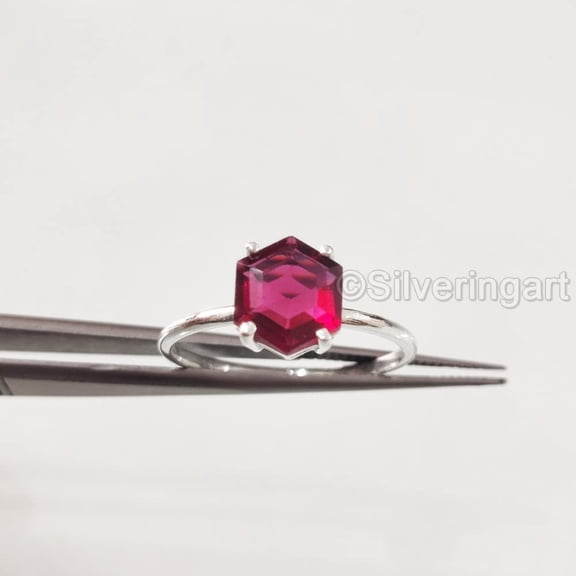Hexagon Ruby Ring, 925 Sterling Silver Ring, Women Ring, Hydro Ruby Ring, July Birthstone, Christmas, Thanksgiving, Tiny Dainty Ring, Handmade, Statement Jewelry, Anniversary