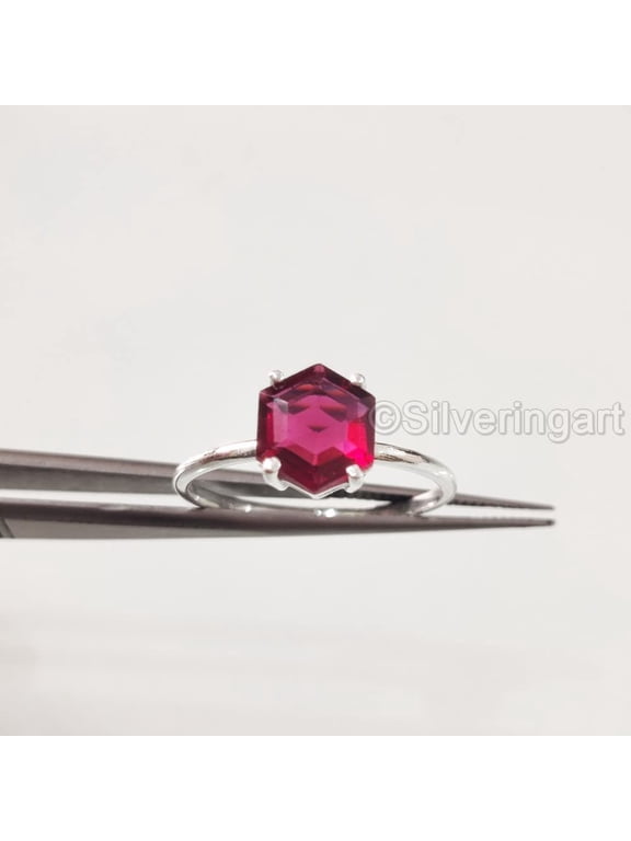 Hexagon Ruby Ring, 925 Sterling Silver Ring, Women Ring, Hydro Ruby Ring, July Birthstone, Christmas, Thanksgiving, Tiny Dainty Ring, Handmade, Statement Jewelry, Anniversary