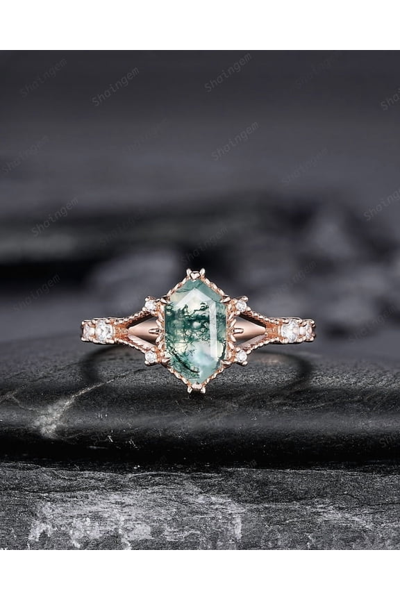 Hexagon Shape Moss Agate and Diamond Ring, Sterling Silver Elongated Moss Agate Engagement Ring, 14K Gold Promise Anniversary Ring Gift