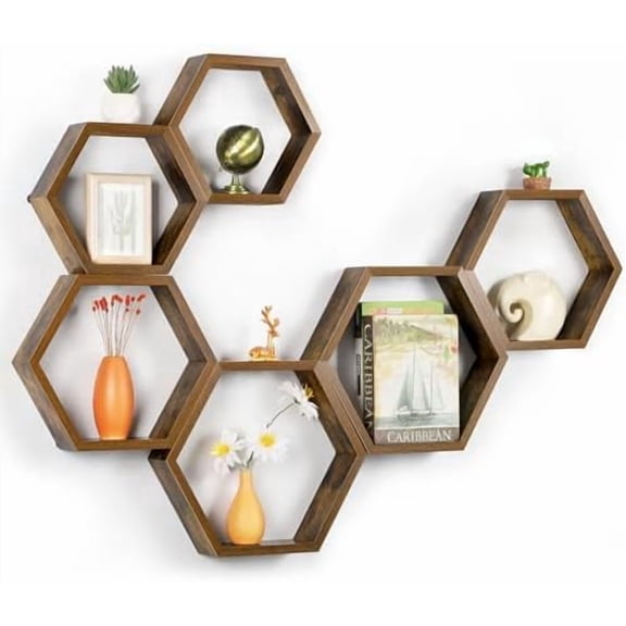 Hexagon Shelves for Wall, Wood Honeycomb Floating Shelves Set of 6,Farmhouse Hexagonal Decorative Storage Shelf MDF for Living Room Bedroom Brown