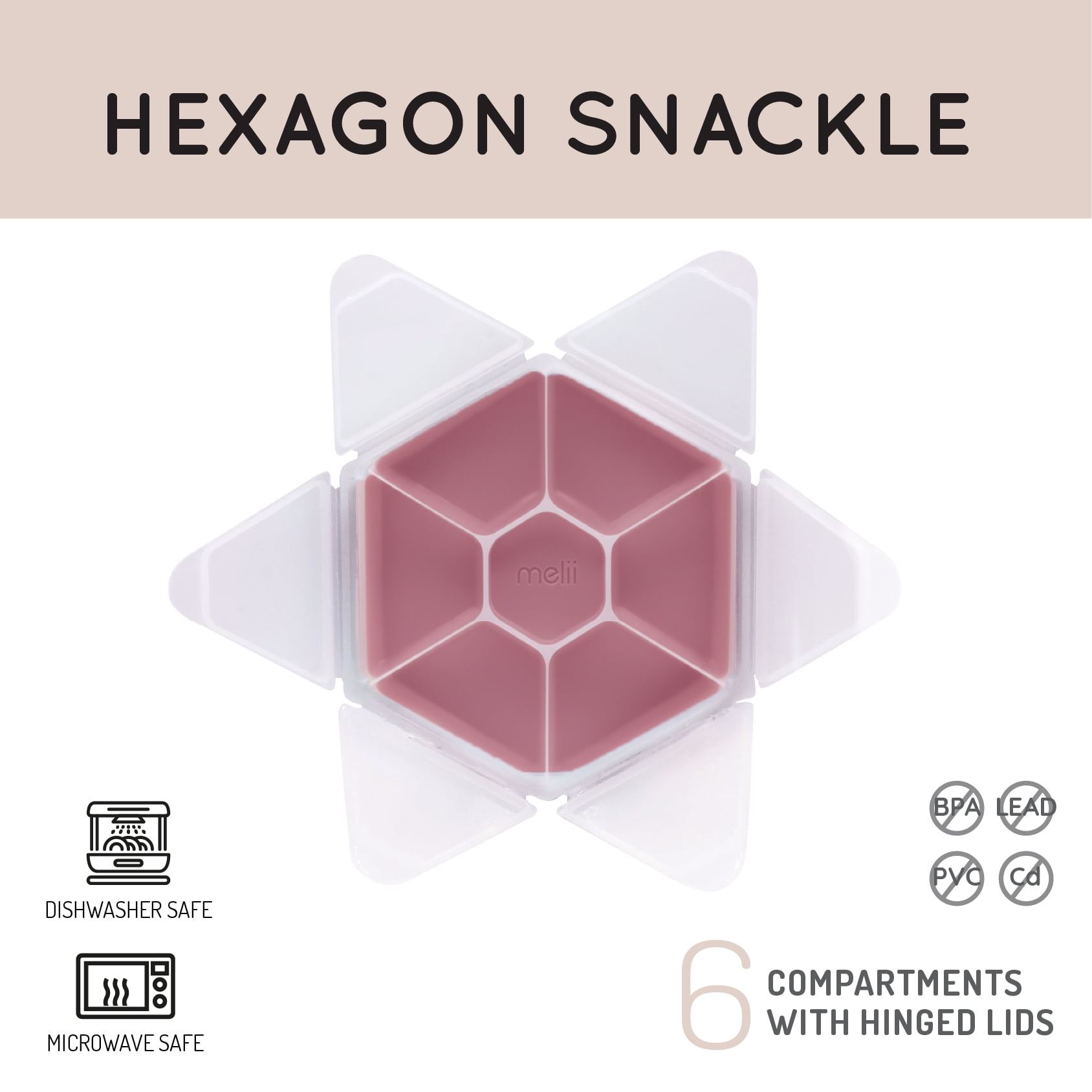 Melii Hexagon Snackle Box, 6 Compartment Snack Container, Berry