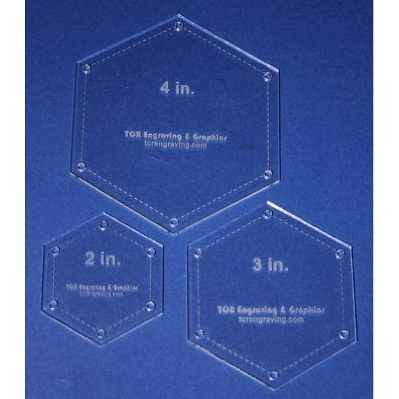 Hexagon Templates. 2", 3", 4" - Clear- With Guide Holes 1/8"