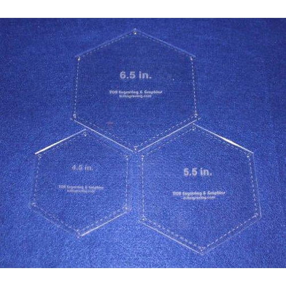 Hexagon Templates. 4.5", 5.5", 6.5" - Clear W/guide Line Holes 1/8"