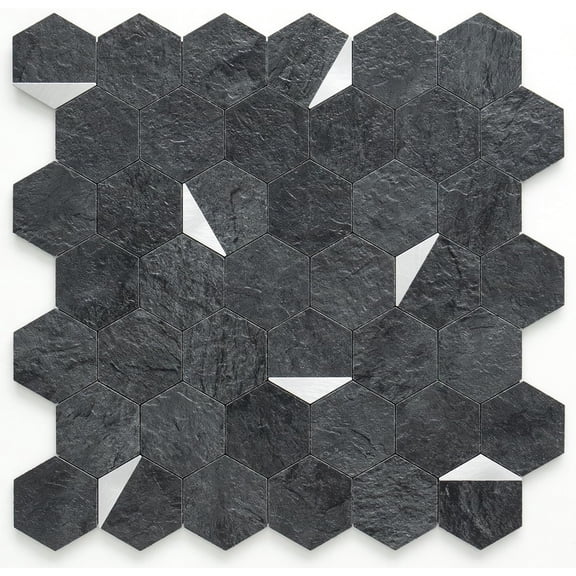 Hexagon Tile Mixed Metal Peel and Stick Backsplash, Self Adhesive Mosaic Tiles for Kitchen and Bathroom (10, Black Slate and Silver)
