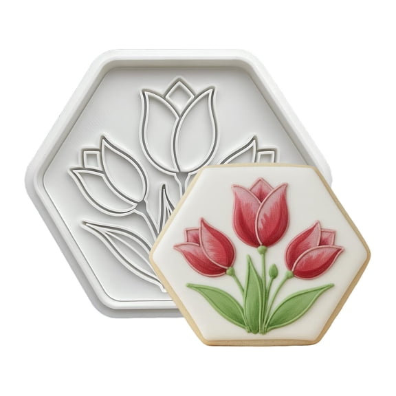 Hexagon Tulip Cookie Cutter and Emboss Stamp, 3.5 Inch, Food-Safe Plastic for Mother’s Day Baking